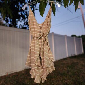 Love Culture Striped Wrap Romper Tie Waist Ruffle Skort M- TAN WHITE BEIGE